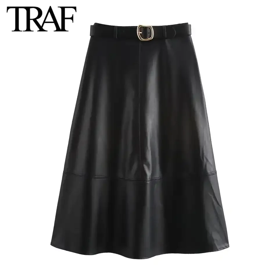Midi Leather Skirt With Belt