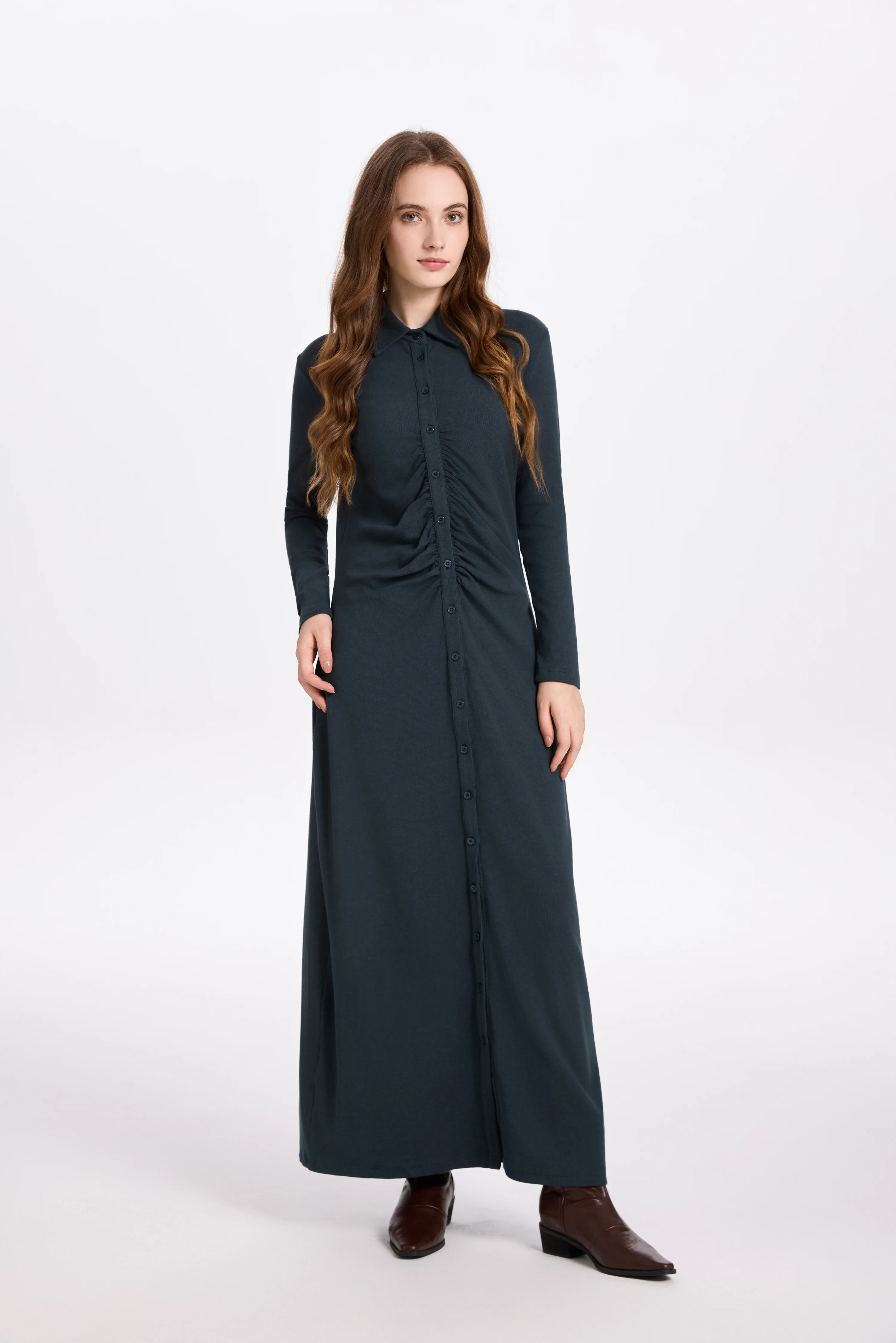 Ribbed Ruched Dress Deep Blue